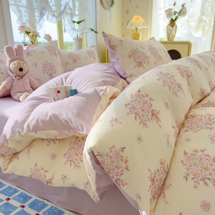 91家纺网 家纺一手货源 找家纺 颜选2025新款105克加厚双层纱木棉四件套（含买家秀） 淡雅花笺