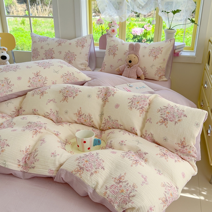 91家纺网 家纺一手货源 找家纺 颜选2025新款105克加厚双层纱木棉四件套（含买家秀） 淡雅花笺