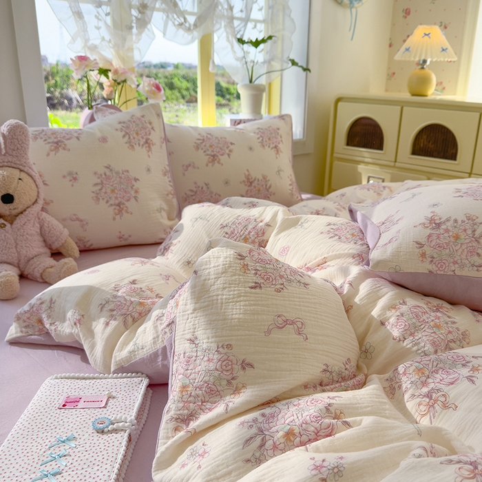 91家纺网 家纺一手货源 找家纺 颜选2025新款105克加厚双层纱木棉四件套（含买家秀） 淡雅花笺