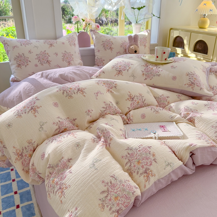 91家纺网 家纺一手货源 找家纺 颜选2025新款105克加厚双层纱木棉四件套（含买家秀） 淡雅花笺