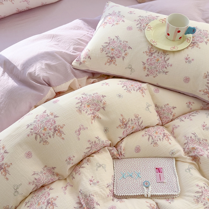 91家纺网 家纺一手货源 找家纺 颜选2025新款105克加厚双层纱木棉四件套（含买家秀） 淡雅花笺