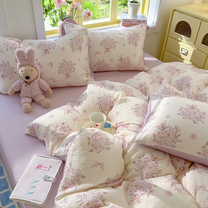 91家纺网 家纺一手货源 找家纺 颜选2025新款105克加厚双层纱木棉四件套（含买家秀） 淡雅花笺