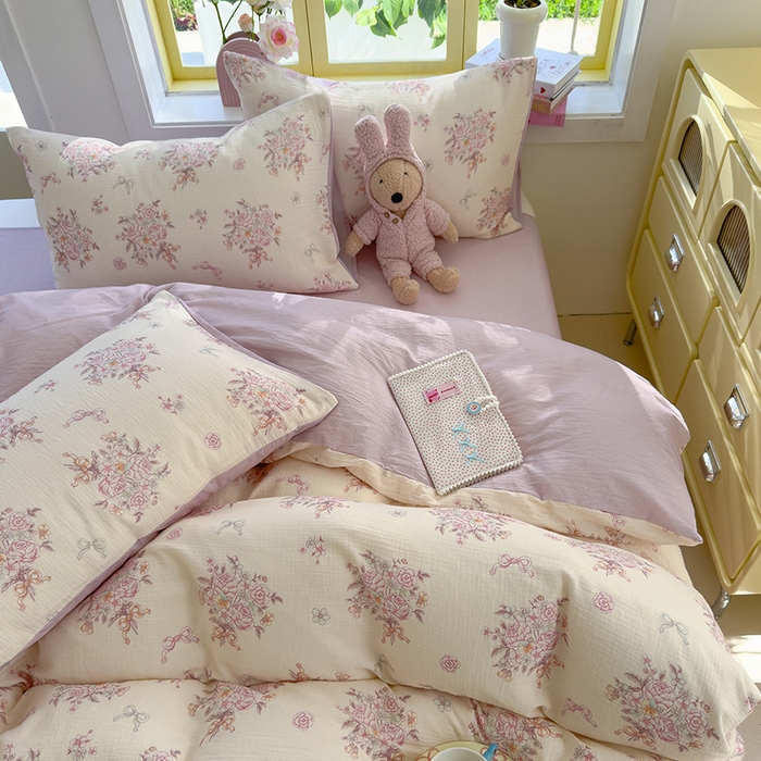 91家纺网 家纺一手货源 找家纺 颜选2025新款105克加厚双层纱木棉四件套（含买家秀） 淡雅花笺