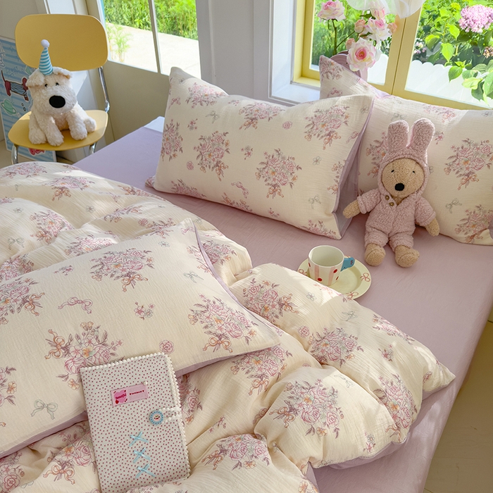 91家纺网 家纺一手货源 找家纺 颜选2025新款105克加厚双层纱木棉四件套（含买家秀） 淡雅花笺