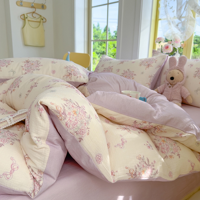 91家纺网 家纺一手货源 找家纺 颜选2025新款105克加厚双层纱木棉四件套（含买家秀） 淡雅花笺