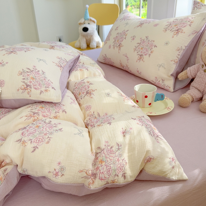 91家纺网 家纺一手货源 找家纺 颜选2025新款105克加厚双层纱木棉四件套（含买家秀） 淡雅花笺