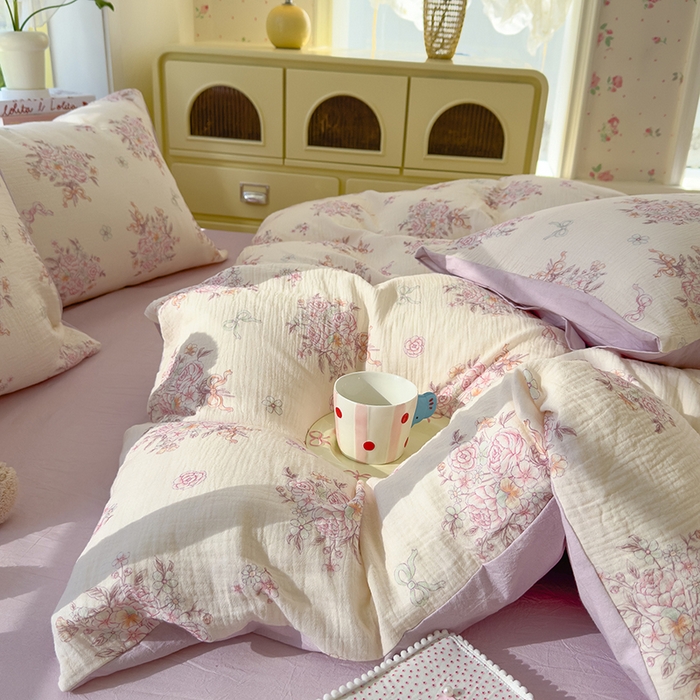 91家纺网 家纺一手货源 找家纺 颜选2025新款105克加厚双层纱木棉四件套（含买家秀） 淡雅花笺