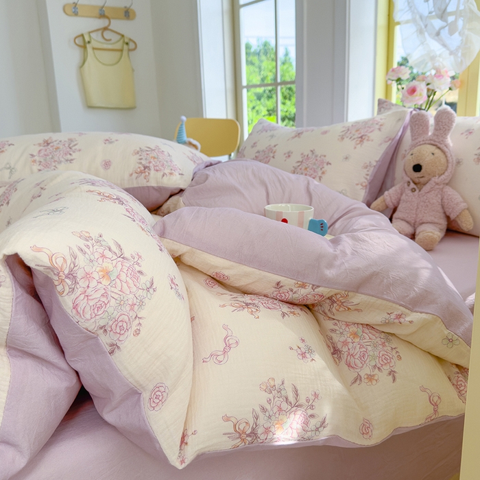 91家纺网 家纺一手货源 找家纺 颜选2025新款105克加厚双层纱木棉四件套（含买家秀） 淡雅花笺