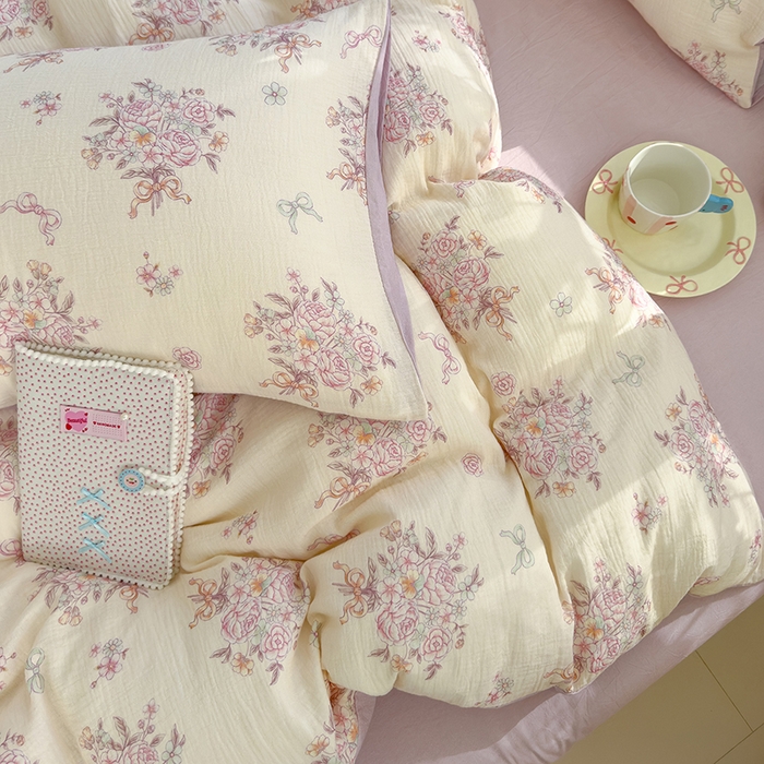 91家纺网 家纺一手货源 找家纺 颜选2025新款105克加厚双层纱木棉四件套（含买家秀） 淡雅花笺