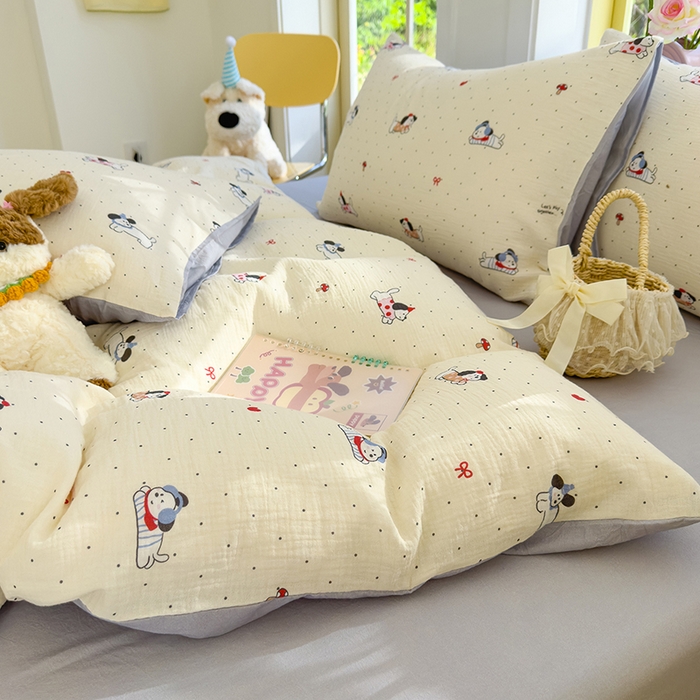 91家纺网 家纺一手货源 找家纺 颜选2025新款105克加厚双层纱木棉四件套（含买家秀） 狗狗派对