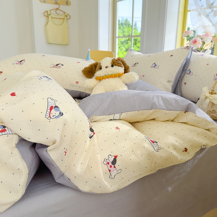 91家纺网 家纺一手货源 找家纺 颜选2025新款105克加厚双层纱木棉四件套（含买家秀） 狗狗派对