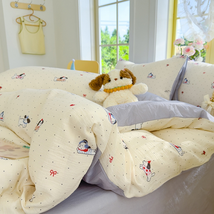 91家纺网 家纺一手货源 找家纺 颜选2025新款105克加厚双层纱木棉四件套（含买家秀） 狗狗派对