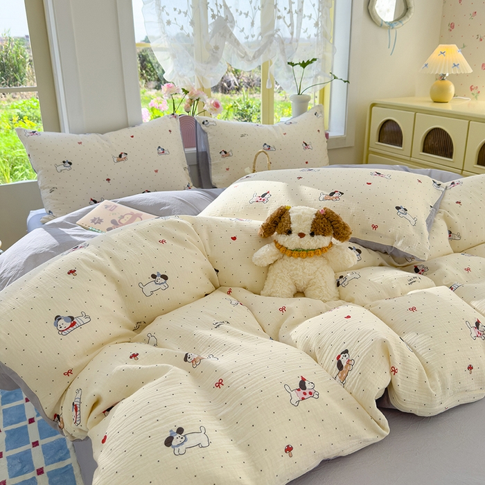 91家纺网 家纺一手货源 找家纺 颜选2025新款105克加厚双层纱木棉四件套（含买家秀） 狗狗派对