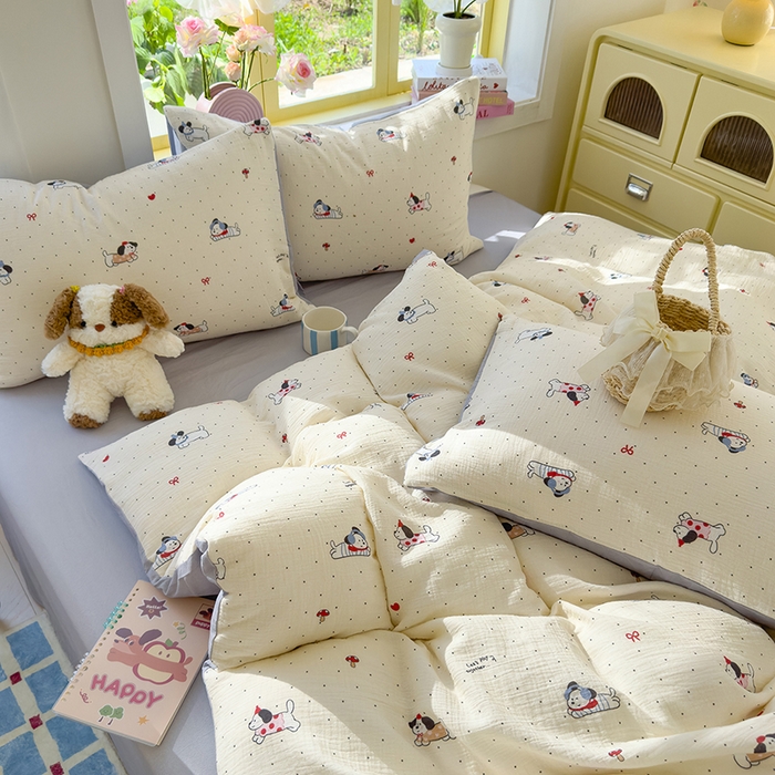 91家纺网 家纺一手货源 找家纺 颜选2025新款105克加厚双层纱木棉四件套（含买家秀） 狗狗派对