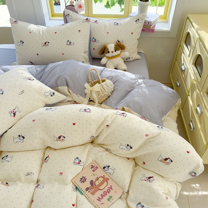 91家纺网 家纺一手货源 找家纺 颜选2025新款105克加厚双层纱木棉四件套（含买家秀） 狗狗派对