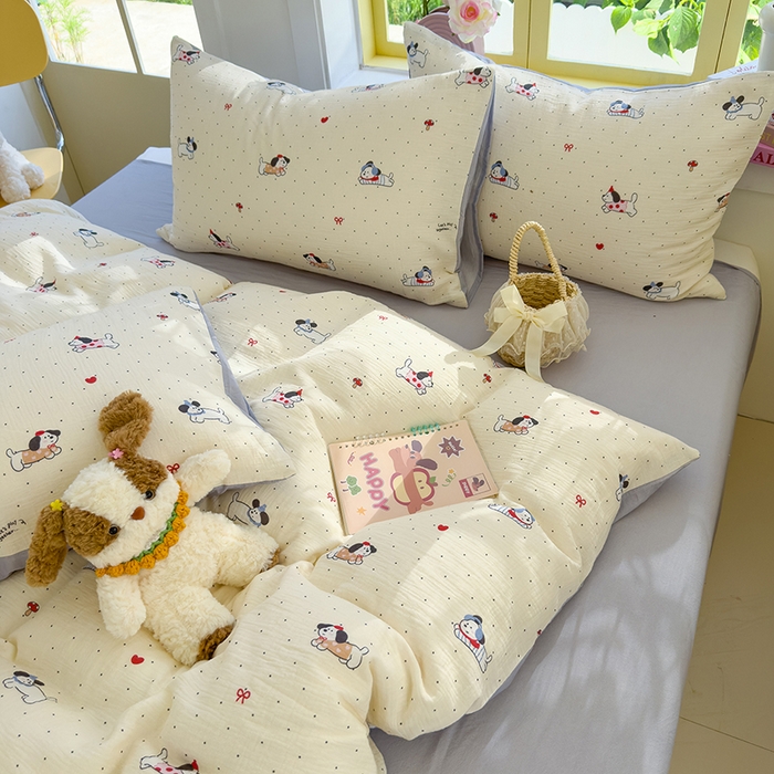 91家纺网 家纺一手货源 找家纺 颜选2025新款105克加厚双层纱木棉四件套（含买家秀） 狗狗派对