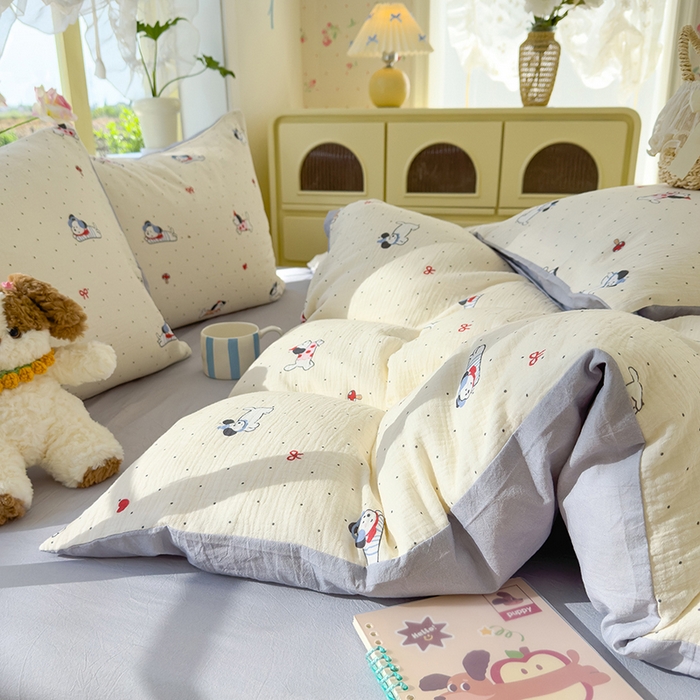 91家纺网 家纺一手货源 找家纺 颜选2025新款105克加厚双层纱木棉四件套（含买家秀） 狗狗派对