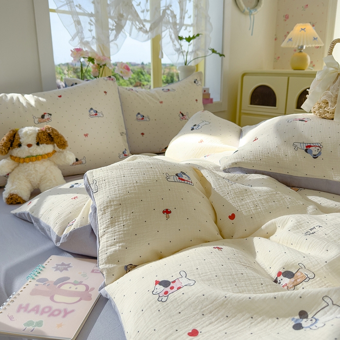 91家纺网 家纺一手货源 找家纺 颜选2025新款105克加厚双层纱木棉四件套（含买家秀） 狗狗派对