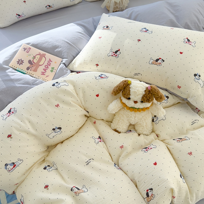 91家纺网 家纺一手货源 找家纺 颜选2025新款105克加厚双层纱木棉四件套（含买家秀） 狗狗派对