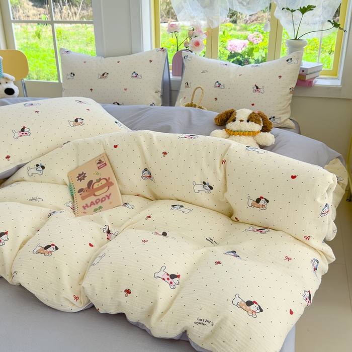 91家纺网 家纺一手货源 找家纺 颜选2025新款105克加厚双层纱木棉四件套（含买家秀） 狗狗派对