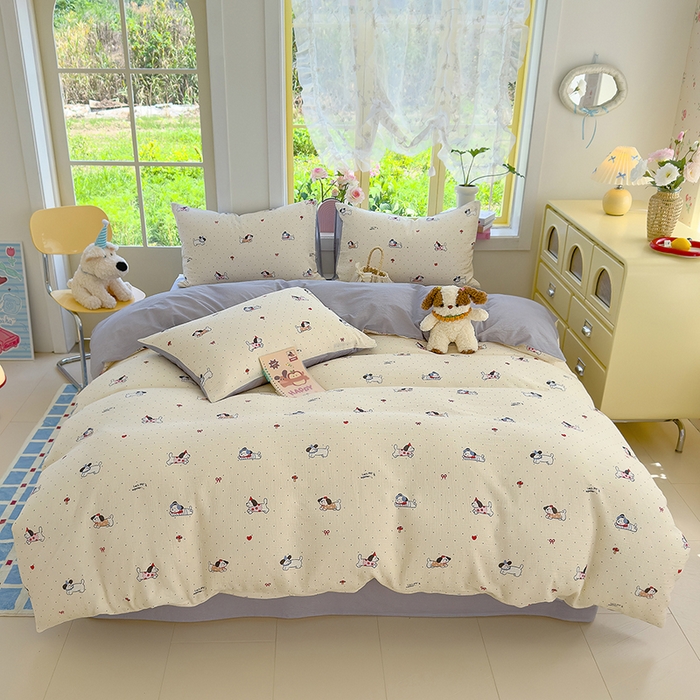 91家纺网 家纺一手货源 找家纺 颜选2025新款105克加厚双层纱木棉四件套（含买家秀） 狗狗派对