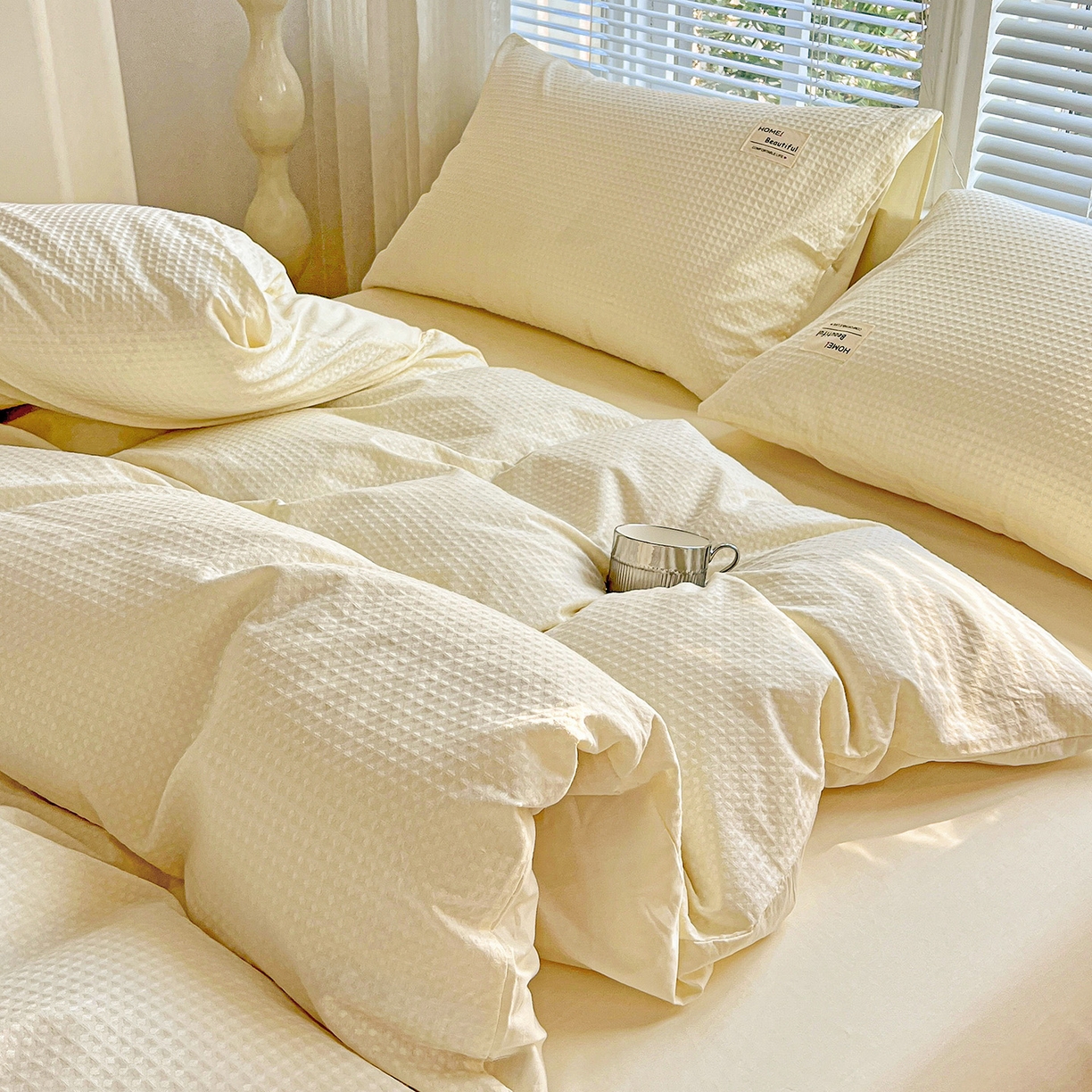 91家纺网 家纺一手货源 找家纺 慕尚家纺 2025新款高端40s加厚款全棉纯棉纯色四件套 奶油白