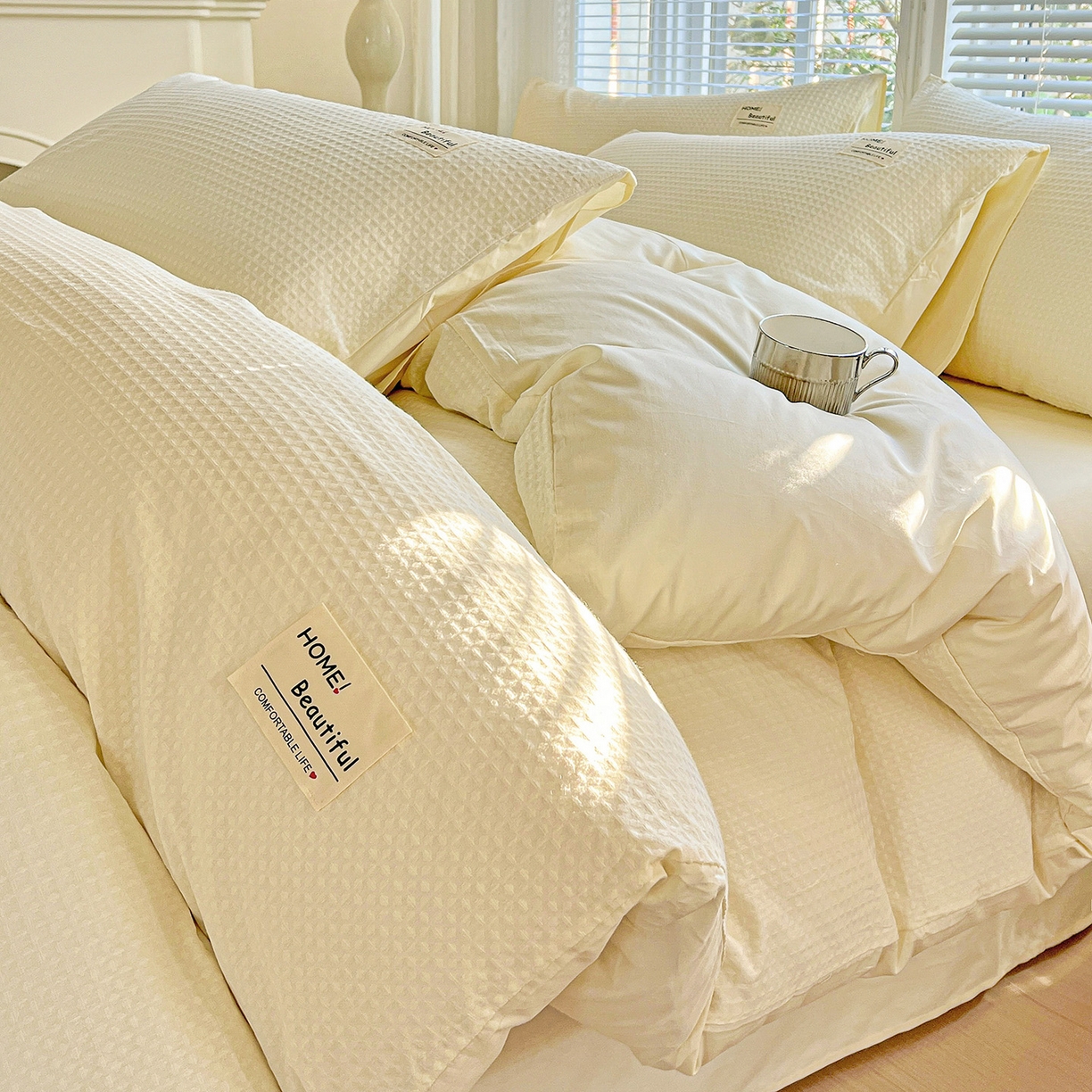 91家纺网 家纺一手货源 找家纺 慕尚家纺 2025新款高端40s加厚款全棉纯棉纯色四件套 奶油白