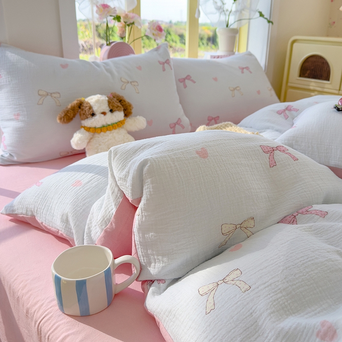 91家纺网 家纺一手货源 找家纺 颜选2025新款105克加厚双层纱木棉四件套（含买家秀） 蝴蝶结