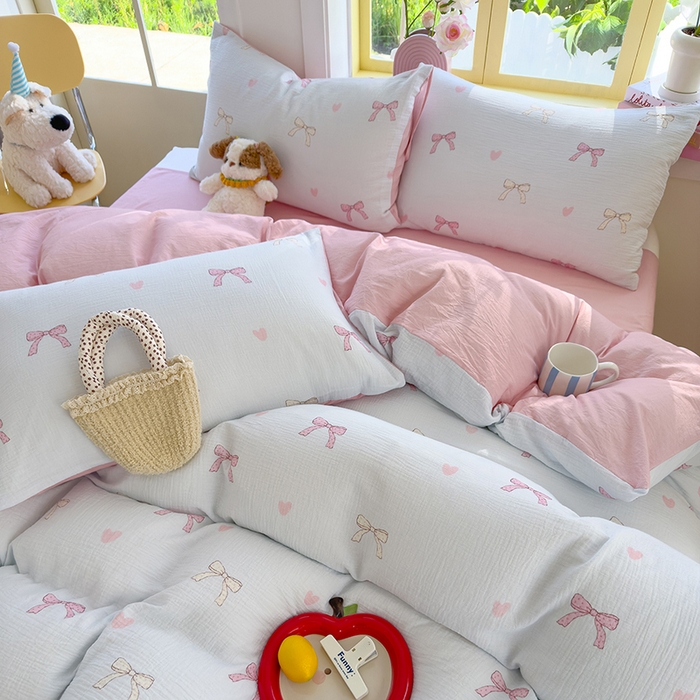 91家纺网 家纺一手货源 找家纺 颜选2025新款105克加厚双层纱木棉四件套（含买家秀） 蝴蝶结