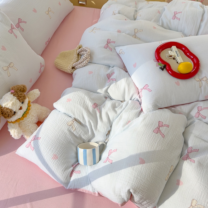 91家纺网 家纺一手货源 找家纺 颜选2025新款105克加厚双层纱木棉四件套（含买家秀） 蝴蝶结