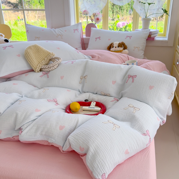 91家纺网 家纺一手货源 找家纺 颜选2025新款105克加厚双层纱木棉四件套（含买家秀） 蝴蝶结