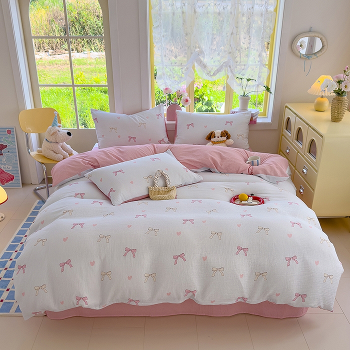 91家纺网 家纺一手货源 找家纺 颜选2025新款105克加厚双层纱木棉四件套（含买家秀） 蝴蝶结