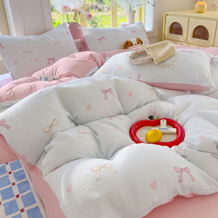 91家纺网 家纺一手货源 找家纺 颜选2025新款105克加厚双层纱木棉四件套（含买家秀） 蝴蝶结