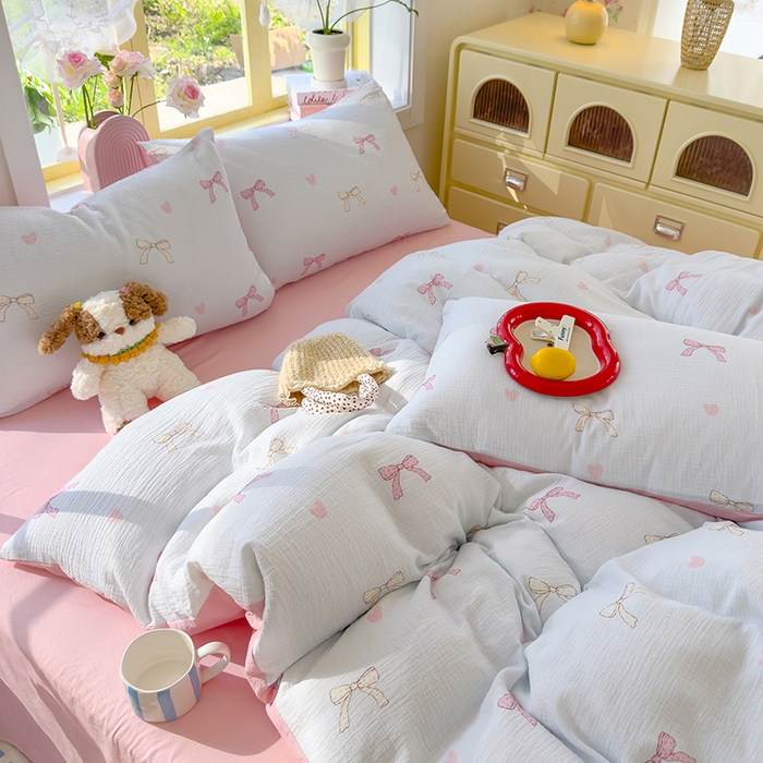 91家纺网 家纺一手货源 找家纺 颜选2025新款105克加厚双层纱木棉四件套（含买家秀） 蝴蝶结