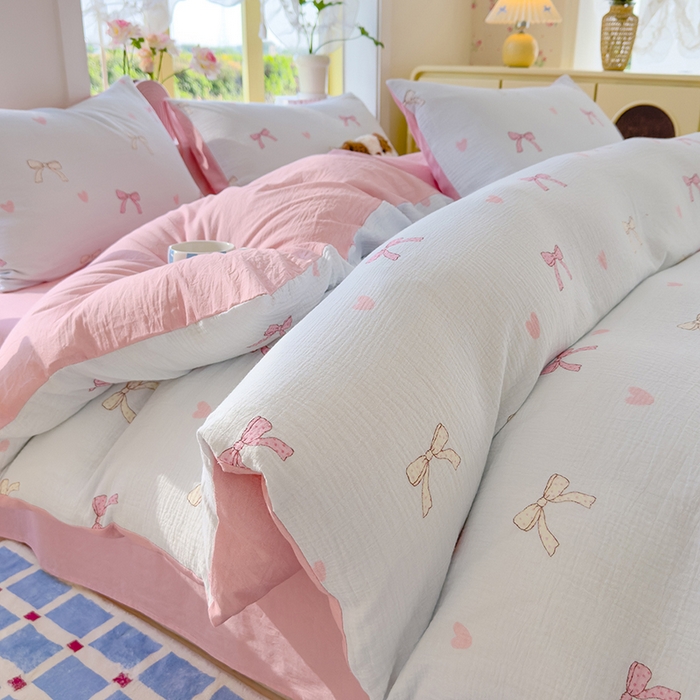 91家纺网 家纺一手货源 找家纺 颜选2025新款105克加厚双层纱木棉四件套（含买家秀） 蝴蝶结