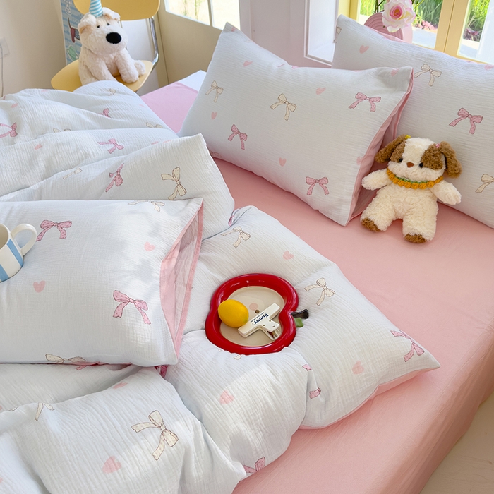 91家纺网 家纺一手货源 找家纺 颜选2025新款105克加厚双层纱木棉四件套（含买家秀） 蝴蝶结