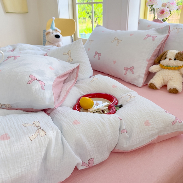 91家纺网 家纺一手货源 找家纺 颜选2025新款105克加厚双层纱木棉四件套（含买家秀） 蝴蝶结