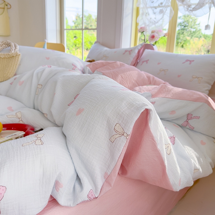 91家纺网 家纺一手货源 找家纺 颜选2025新款105克加厚双层纱木棉四件套（含买家秀） 蝴蝶结