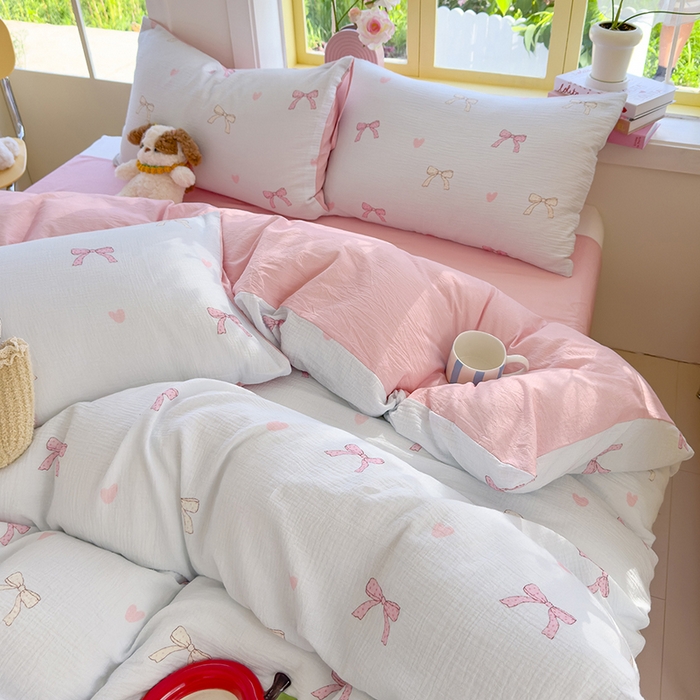 91家纺网 家纺一手货源 找家纺 颜选2025新款105克加厚双层纱木棉四件套（含买家秀） 蝴蝶结