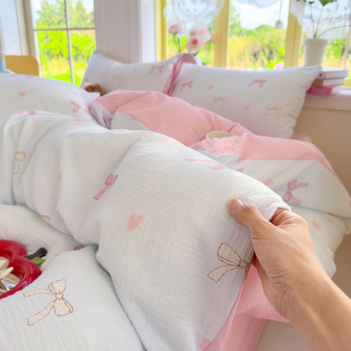 91家纺网 家纺一手货源 找家纺 颜选2025新款105克加厚双层纱木棉四件套（含买家秀） 蝴蝶结