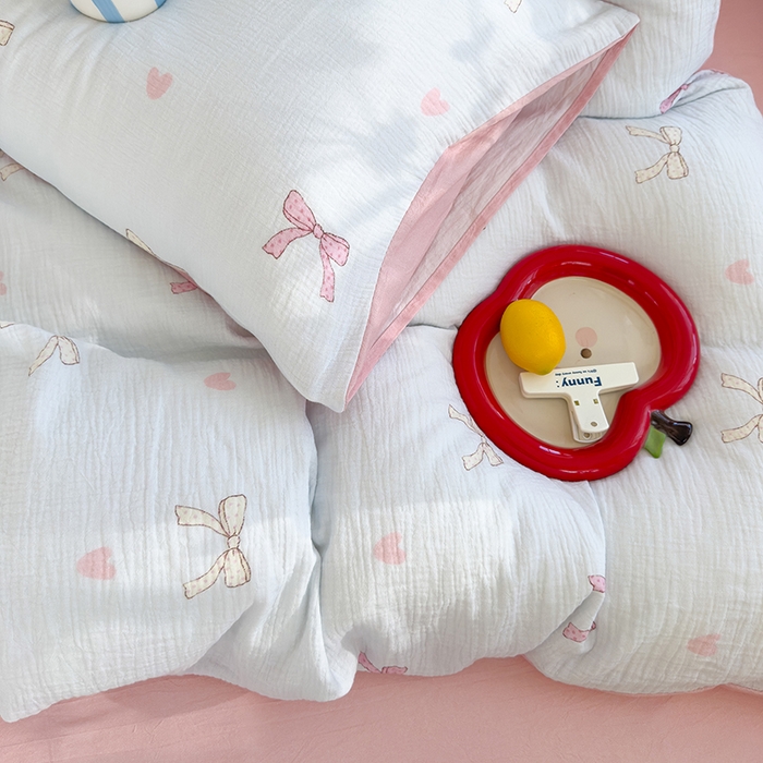 91家纺网 家纺一手货源 找家纺 颜选2025新款105克加厚双层纱木棉四件套（含买家秀） 蝴蝶结