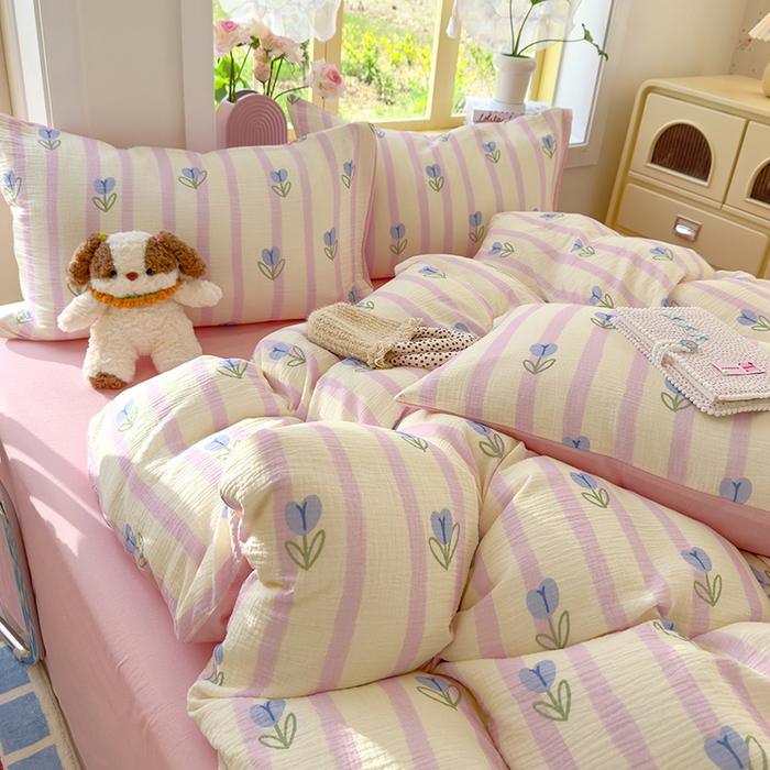 91家纺网 家纺一手货源 找家纺 颜选2025新款105克加厚双层纱木棉四件套（含买家秀） 柔蔓幻蓝