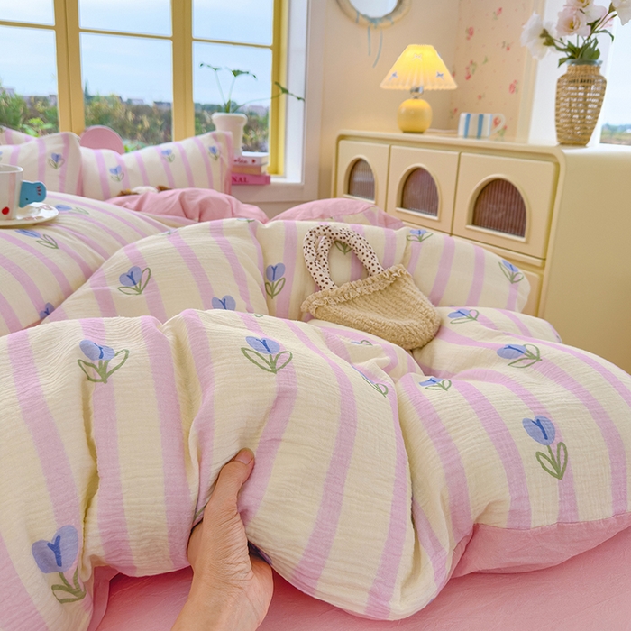 91家纺网 家纺一手货源 找家纺 颜选2025新款105克加厚双层纱木棉四件套（含买家秀） 柔蔓幻蓝