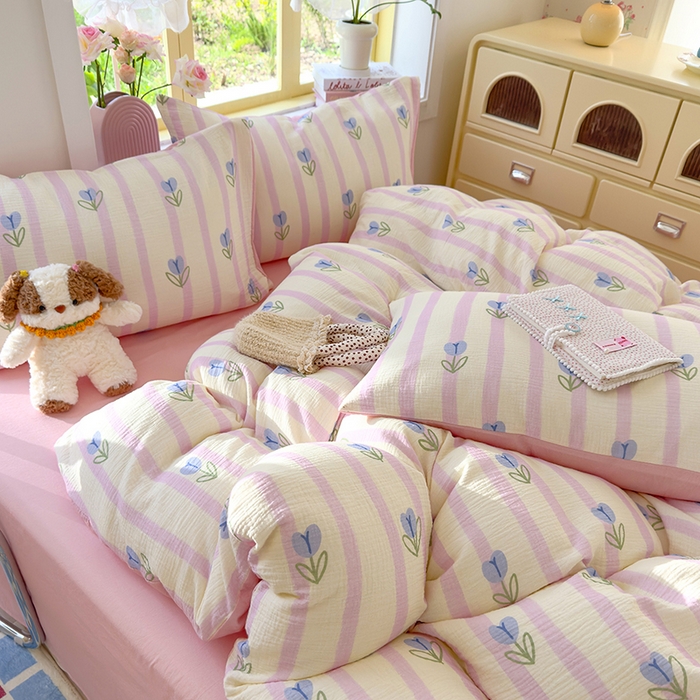 91家纺网 家纺一手货源 找家纺 颜选2025新款105克加厚双层纱木棉四件套（含买家秀） 柔蔓幻蓝