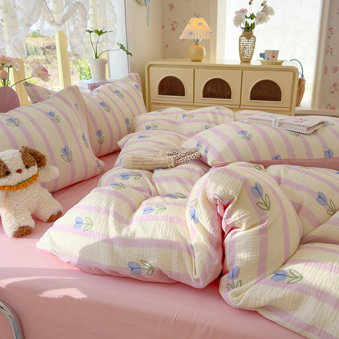 91家纺网 家纺一手货源 找家纺 颜选2025新款105克加厚双层纱木棉四件套（含买家秀） 柔蔓幻蓝