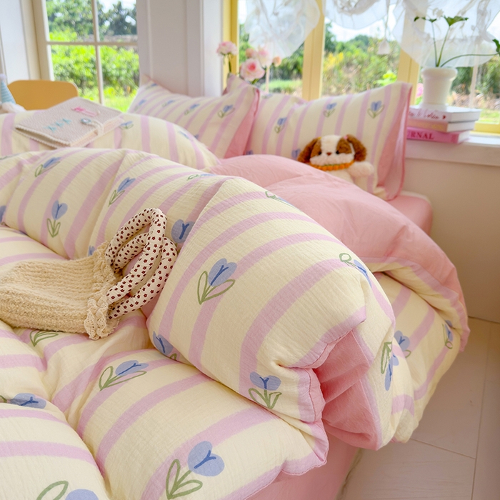 91家纺网 家纺一手货源 找家纺 颜选2025新款105克加厚双层纱木棉四件套（含买家秀） 柔蔓幻蓝