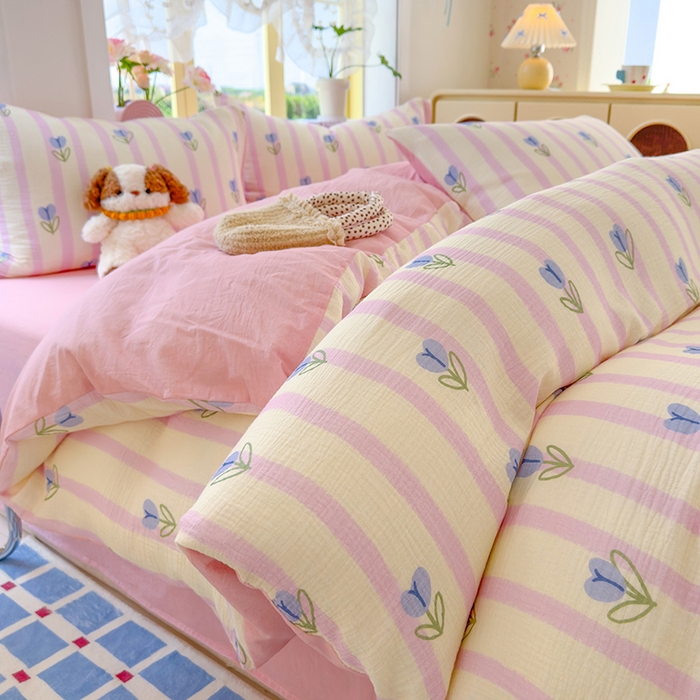 91家纺网 家纺一手货源 找家纺 颜选2025新款105克加厚双层纱木棉四件套（含买家秀） 柔蔓幻蓝