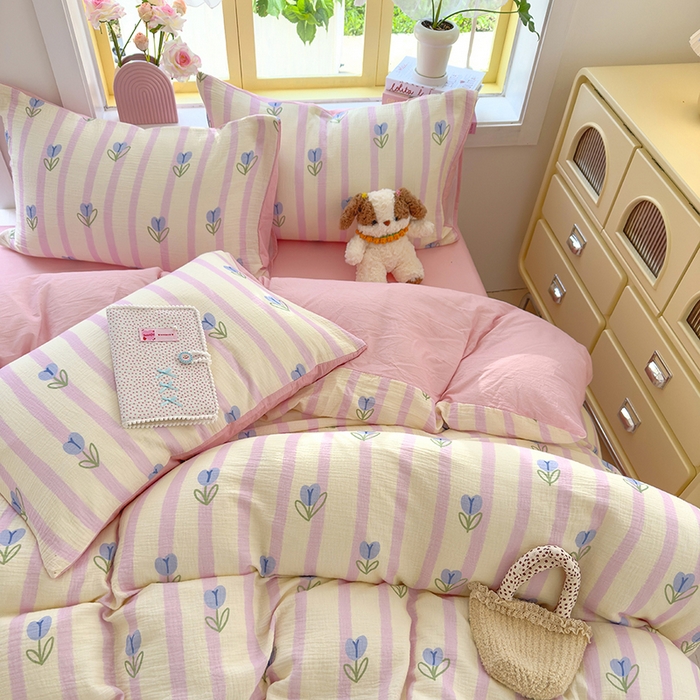 91家纺网 家纺一手货源 找家纺 颜选2025新款105克加厚双层纱木棉四件套（含买家秀） 柔蔓幻蓝