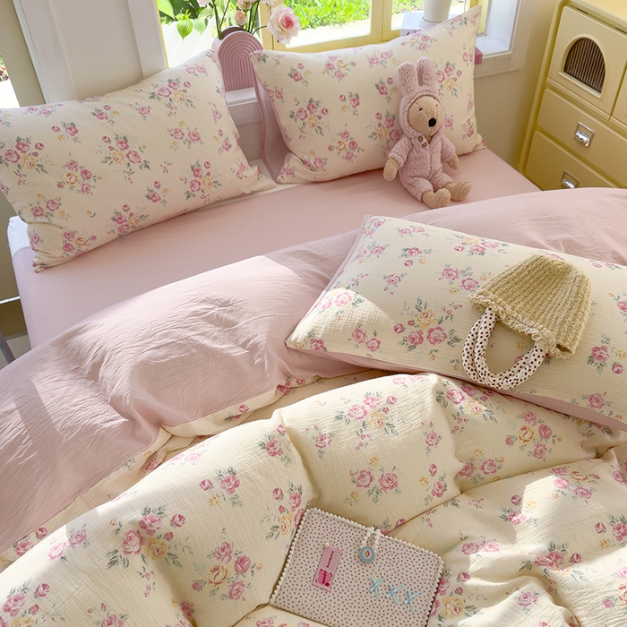 91家纺网 家纺一手货源 找家纺 颜选2025新款105克加厚双层纱木棉四件套（含买家秀） 双层纱花期