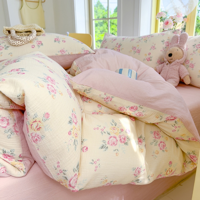 91家纺网 家纺一手货源 找家纺 颜选2025新款105克加厚双层纱木棉四件套（含买家秀） 双层纱花期